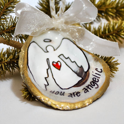 Hand-Painted Oyster Shell Christmas Ornament: "You Are Angelic"