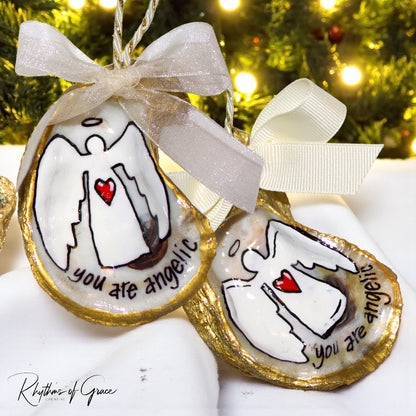 Hand-Painted Oyster Shell Christmas Ornament: "You Are Angelic"
