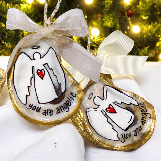 Hand-Painted Oyster Shell Christmas Ornament: "You Are Angelic"