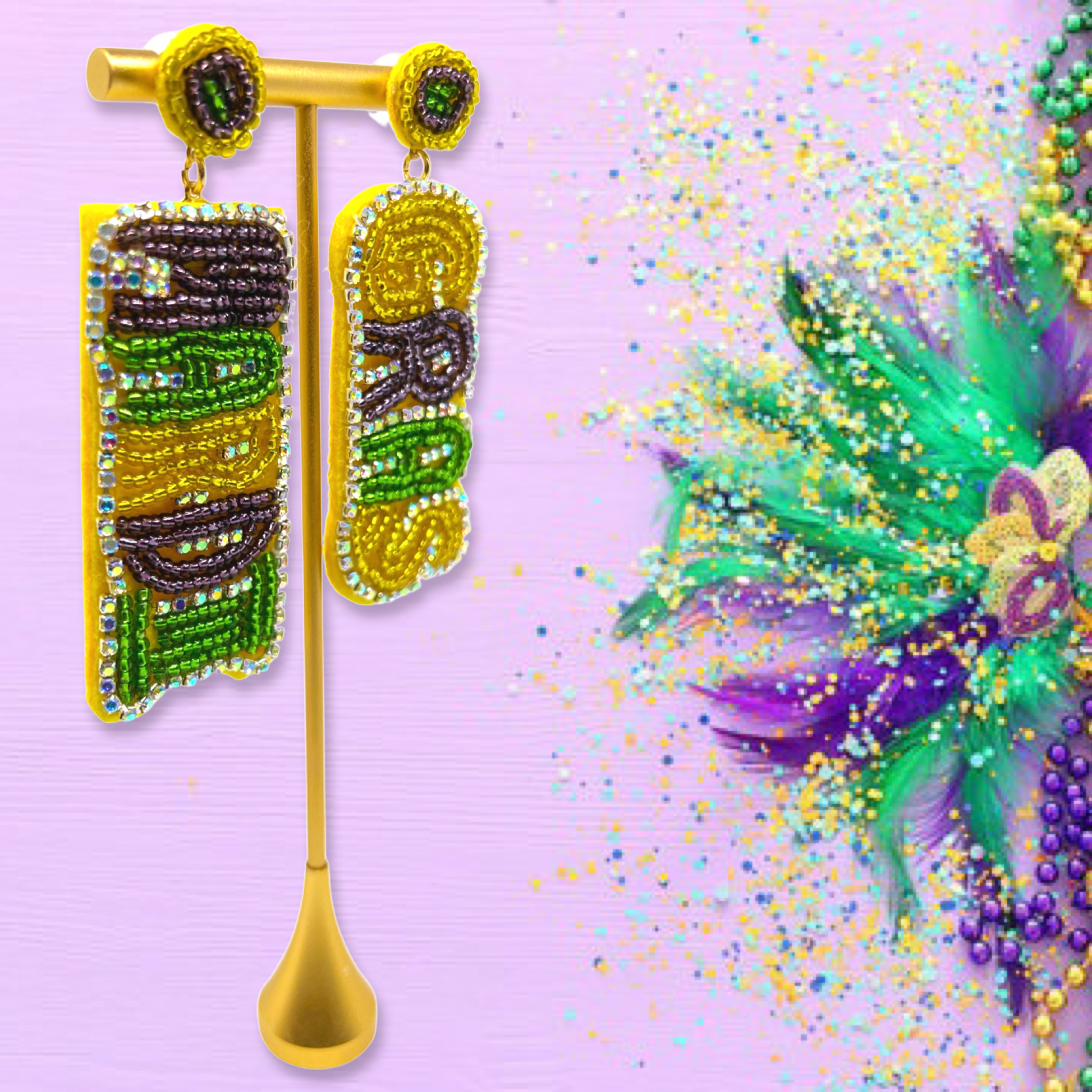 Jazz Up Your Look with Dazzling NWT Beaded Mardi Gras Earrings! 🎉💚💜💛 - Rhythms of Grace Creative