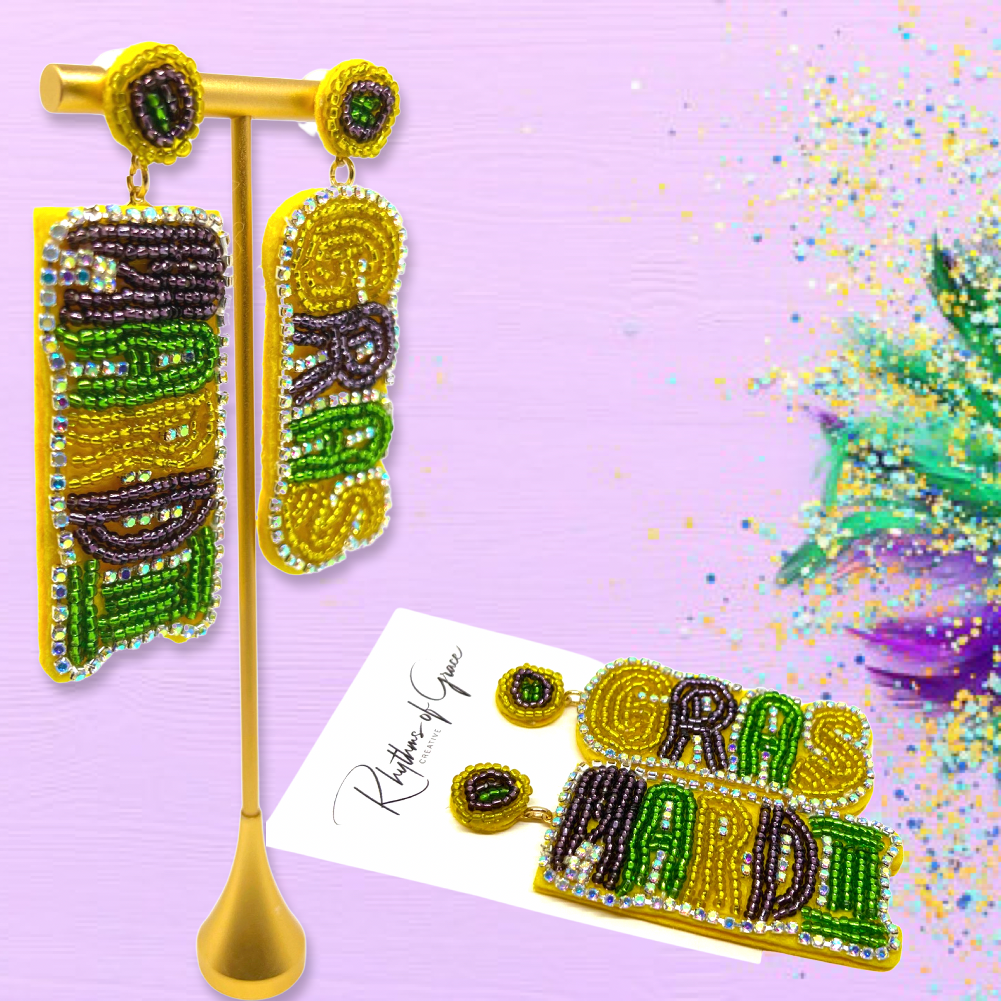 Jazz Up Your Look with Dazzling NWT Beaded Mardi Gras Earrings! 🎉💚💜💛 - Rhythms of Grace Creative