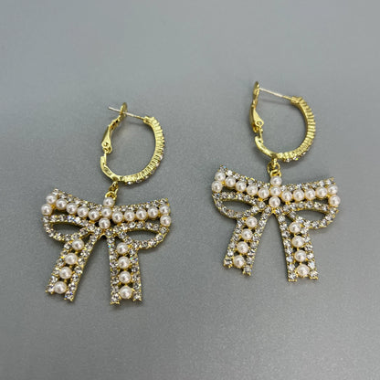 Sparkle & Shine: Rhinestone & Faux Pearl Bow Hoop Earrings