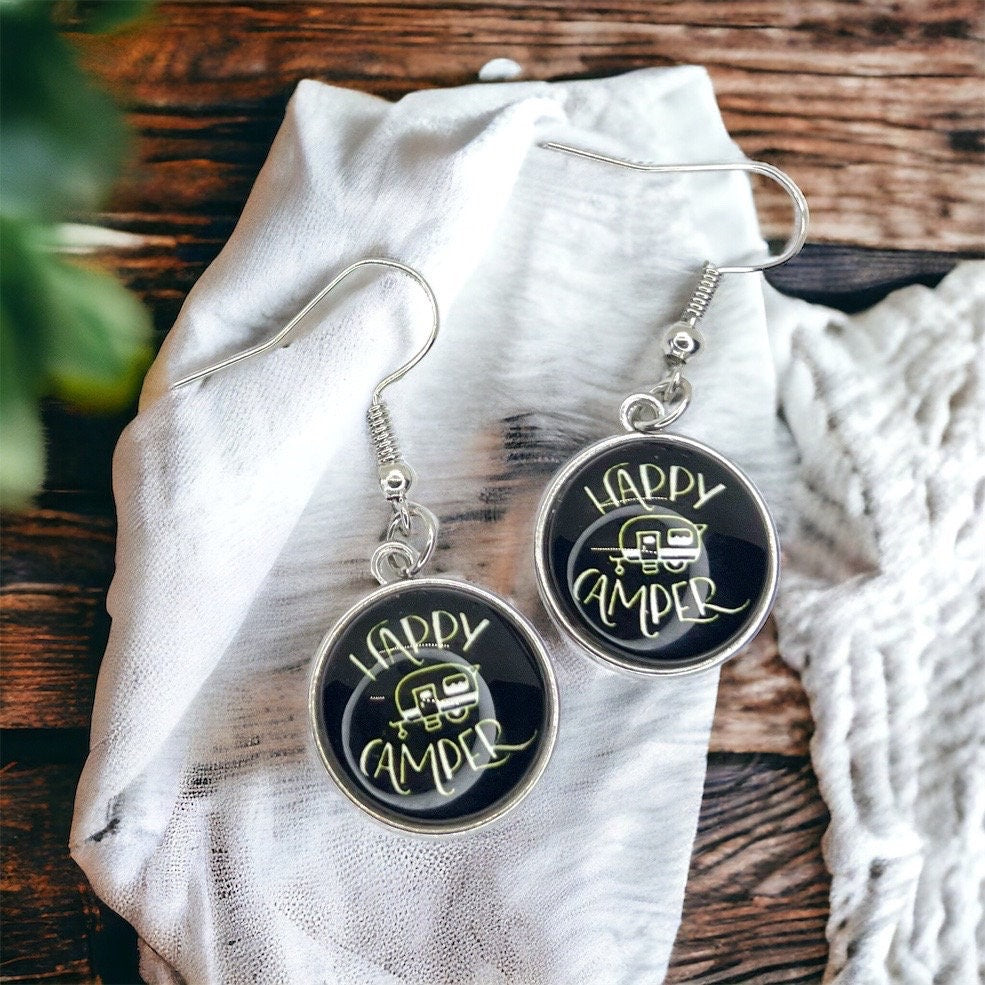 Embrace the Journey with "Happy Camper" Cabochon Dangle Earrings