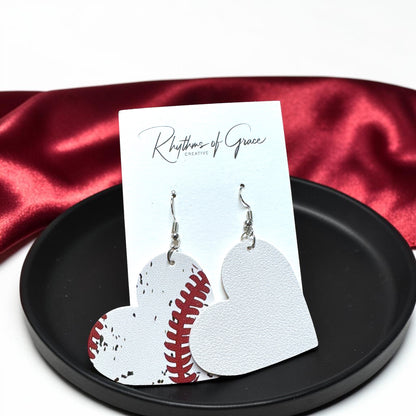 Baseball & Softball Heart Earrings – Lightweight Faux Leather Sports Earrings – Game Day Accessories