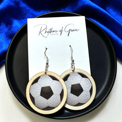 Sports Ball Earrings – Football, Basketball, Soccer, Baseball – Faux Leather & Wood Frame Game Day Earrings