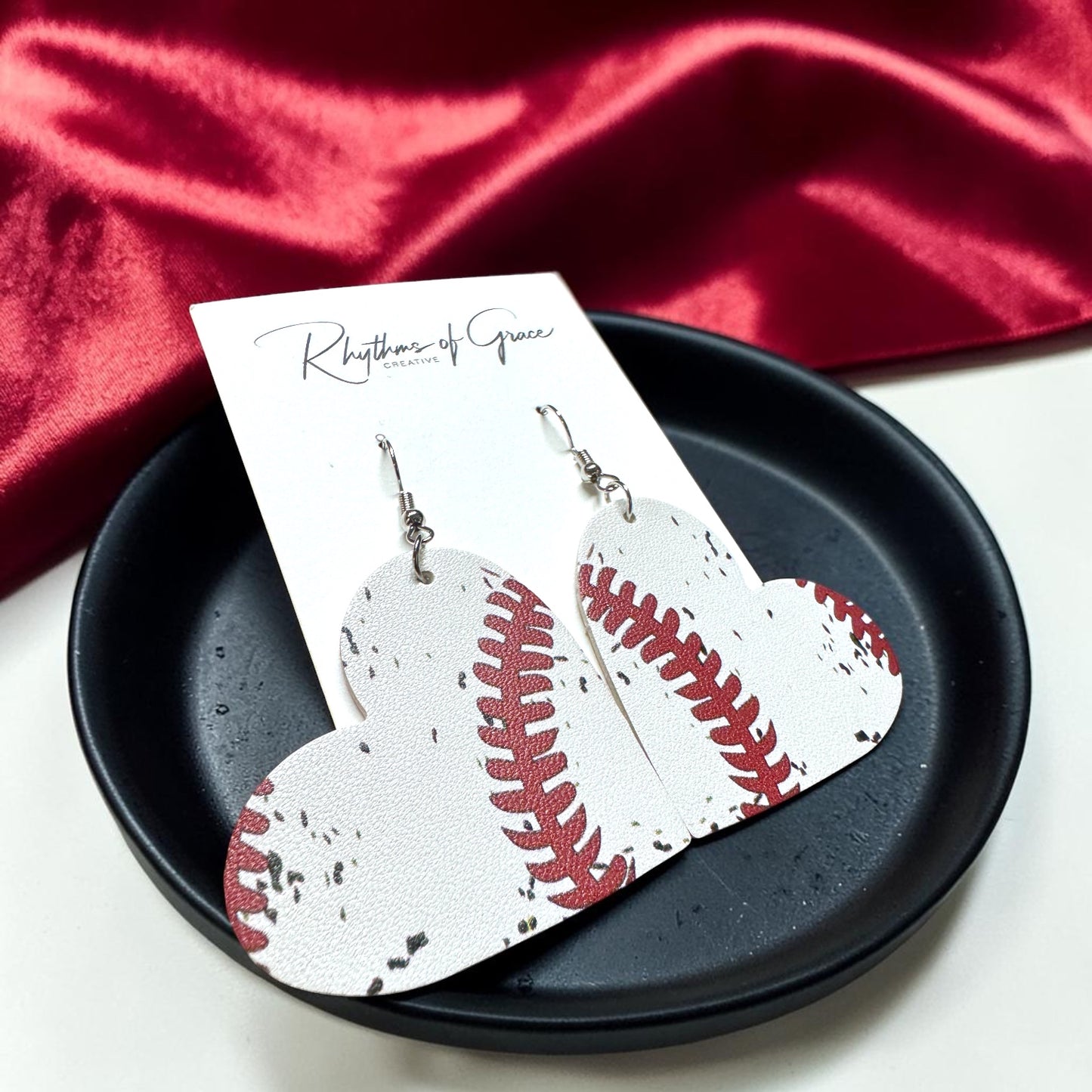 Baseball & Softball Heart Earrings – Lightweight Faux Leather Sports Earrings – Game Day Accessories