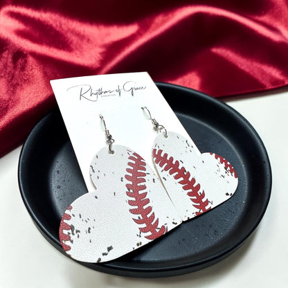 Baseball & Softball Heart Earrings – Lightweight Faux Leather Sports Earrings – Game Day Accessories