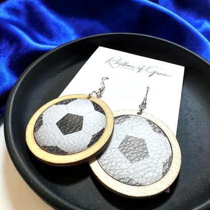 Sports Ball Earrings – Football, Basketball, Soccer, Baseball – Faux Leather & Wood Frame Game Day Earrings