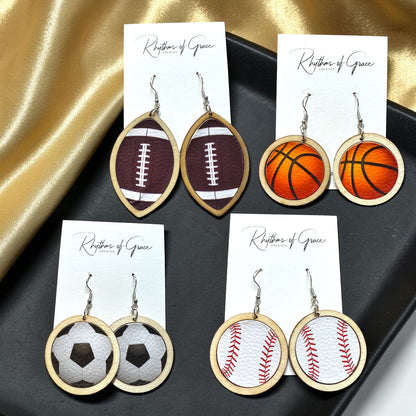 Sports Ball Earrings – Football, Basketball, Soccer, Baseball – Faux Leather & Wood Frame Game Day Earrings