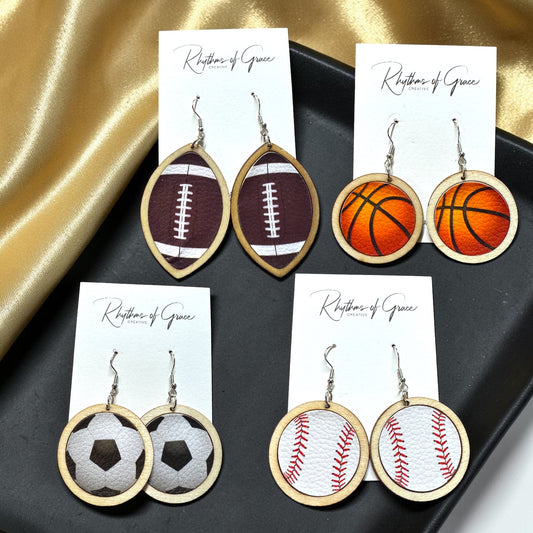 Sports Ball Earrings – Football, Basketball, Soccer, Baseball – Faux Leather & Wood Frame Game Day Earrings