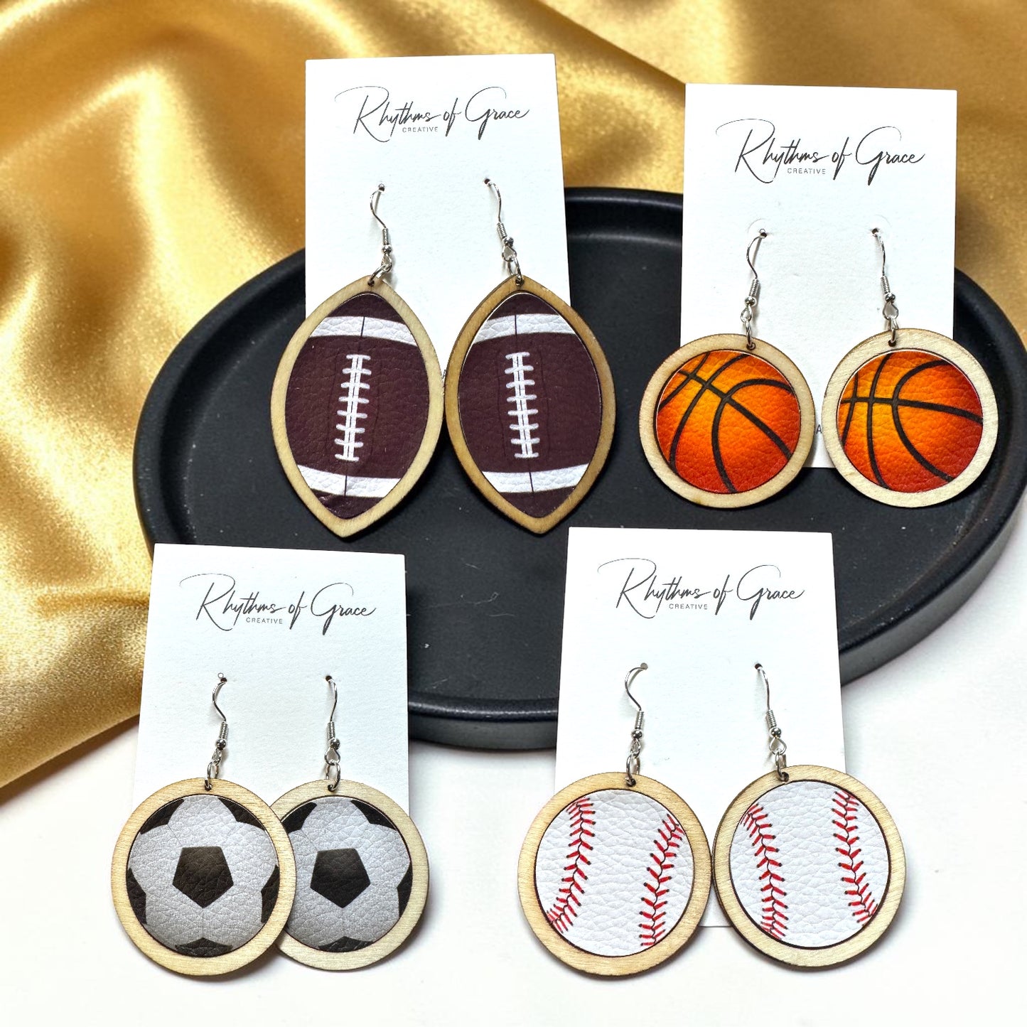 Sports Ball Earrings – Football, Basketball, Soccer, Baseball – Faux Leather & Wood Frame Game Day Earrings