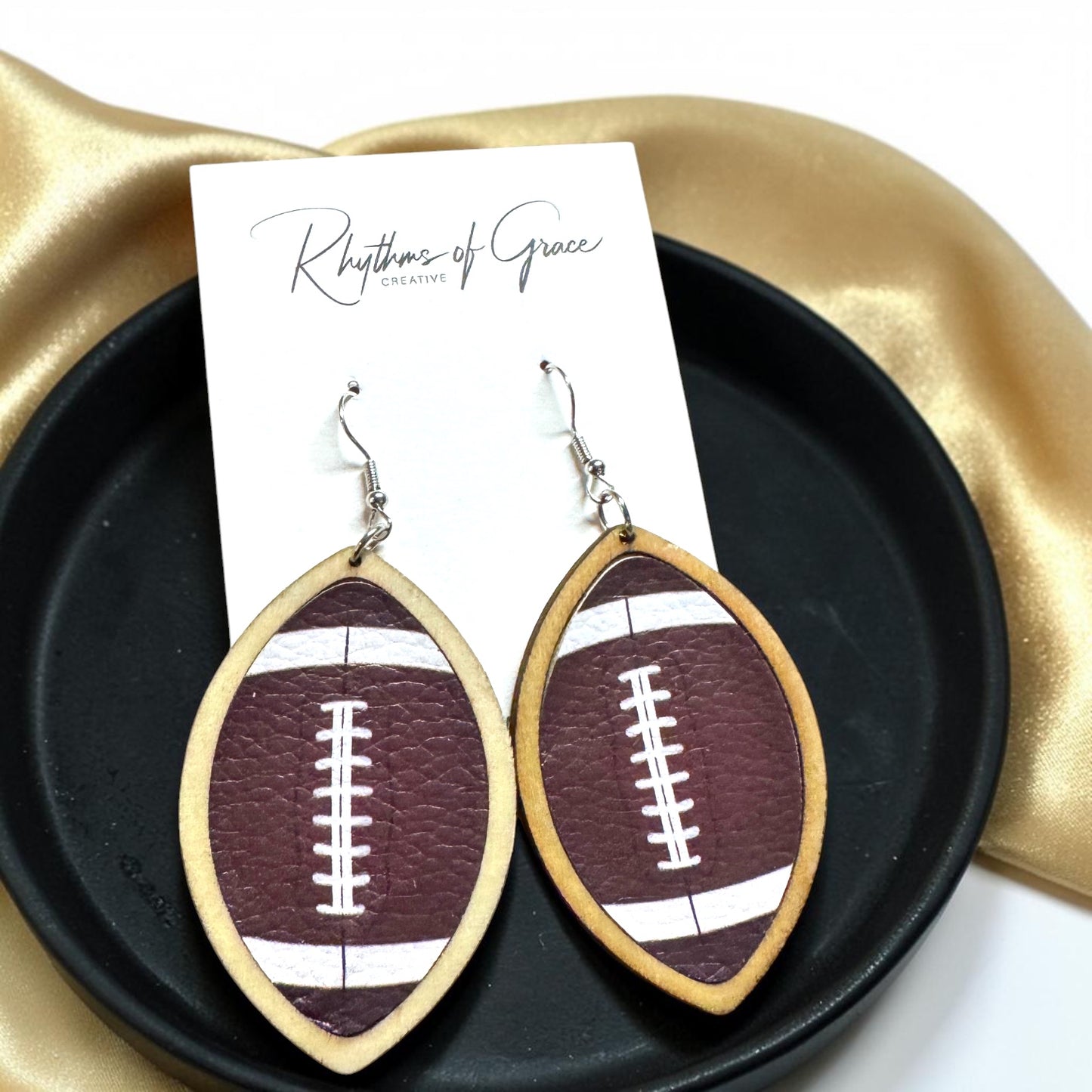 Sports Ball Earrings – Football, Basketball, Soccer, Baseball – Faux Leather & Wood Frame Game Day Earrings
