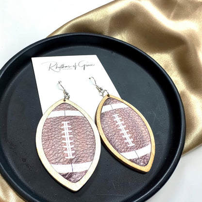 Sports Ball Earrings – Football, Basketball, Soccer, Baseball – Faux Leather & Wood Frame Game Day Earrings