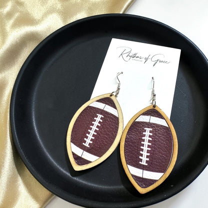 Sports Ball Earrings – Football, Basketball, Soccer, Baseball – Faux Leather & Wood Frame Game Day Earrings