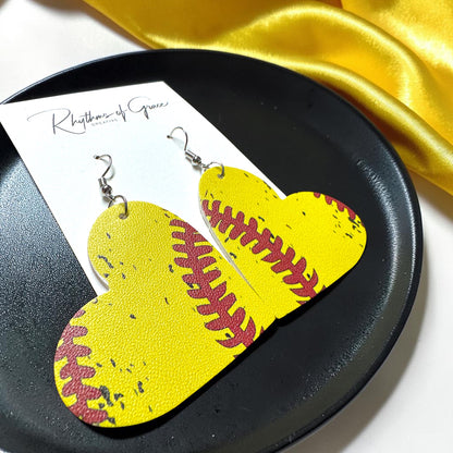 Baseball & Softball Heart Earrings – Lightweight Faux Leather Sports Earrings – Game Day Accessories