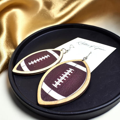 Sports Ball Earrings – Football, Basketball, Soccer, Baseball – Faux Leather & Wood Frame Game Day Earrings
