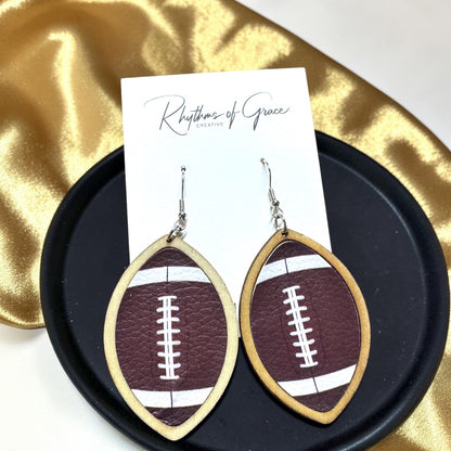 Sports Ball Earrings – Football, Basketball, Soccer, Baseball – Faux Leather & Wood Frame Game Day Earrings