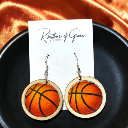 Sports Ball Earrings – Football, Basketball, Soccer, Baseball – Faux Leather & Wood Frame Game Day Earrings