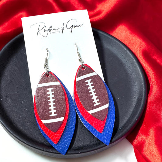 Red & Blue Football Earrings – Triple Layer PU Leather Game Day Dangle Earrings