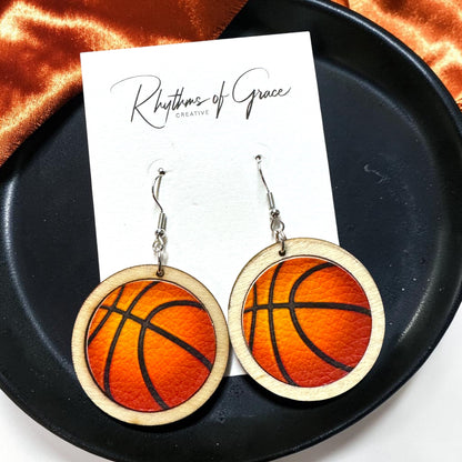 Sports Ball Earrings – Football, Basketball, Soccer, Baseball – Faux Leather & Wood Frame Game Day Earrings