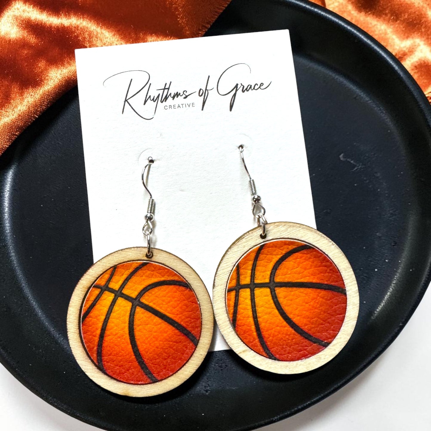 Sports Ball Earrings – Football, Basketball, Soccer, Baseball – Faux Leather & Wood Frame Game Day Earrings