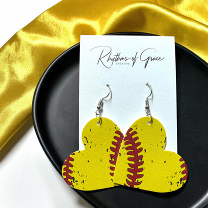 Baseball & Softball Heart Earrings – Lightweight Faux Leather Sports Earrings – Game Day Accessories