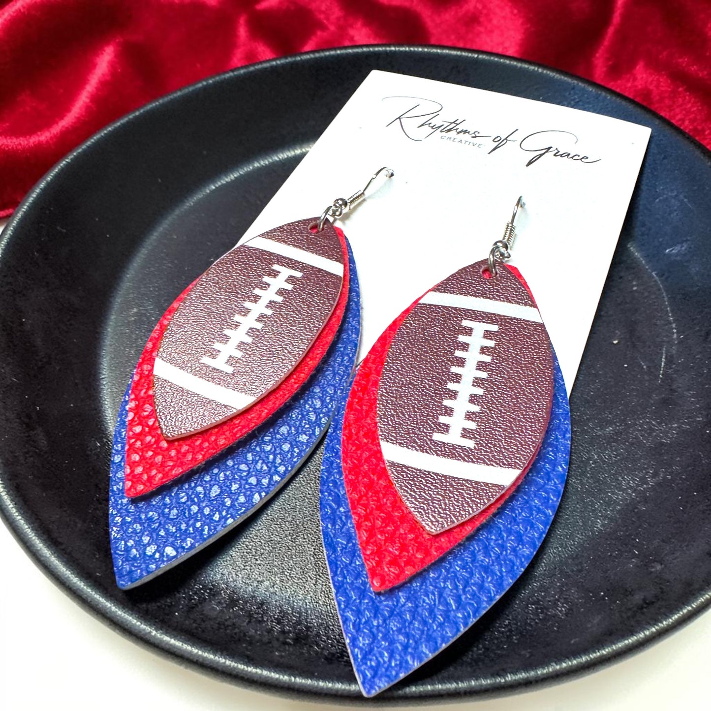 Red & Blue Football Earrings – Triple Layer PU Leather Game Day Dangle Earrings