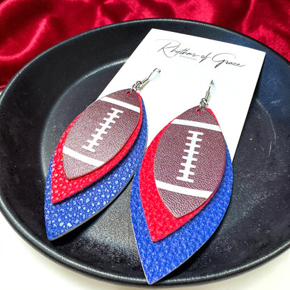 Red & Blue Football Earrings – Triple Layer PU Leather Game Day Dangle Earrings