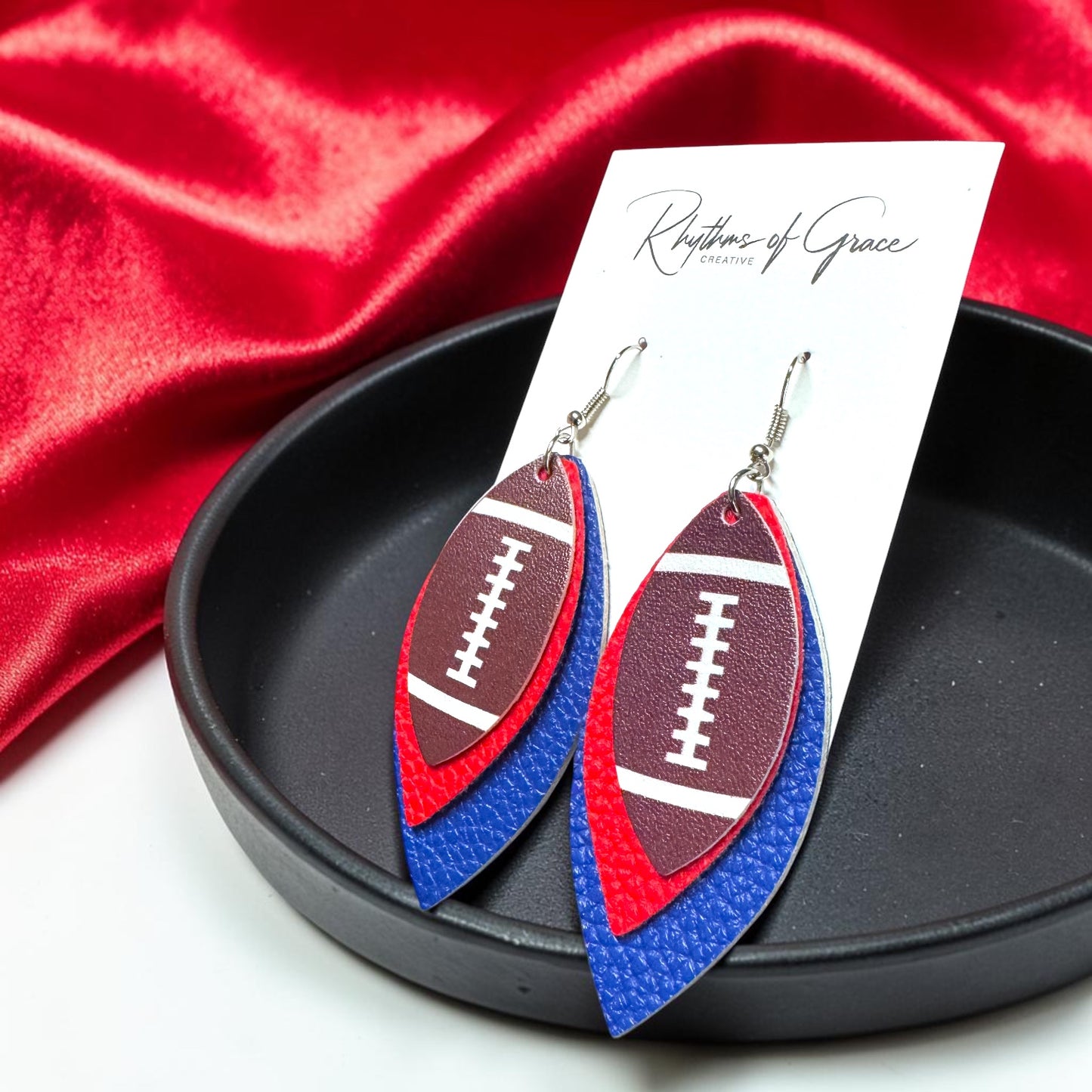 Red & Blue Football Earrings – Triple Layer PU Leather Game Day Dangle Earrings