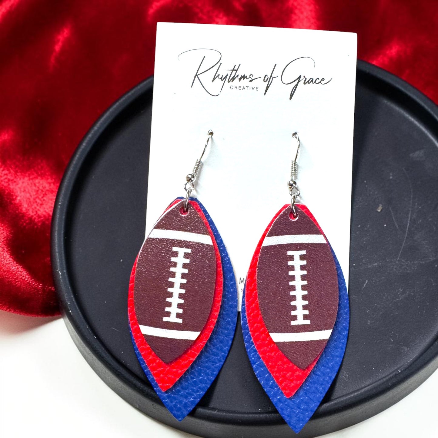 Red & Blue Football Earrings – Triple Layer PU Leather Game Day Dangle Earrings