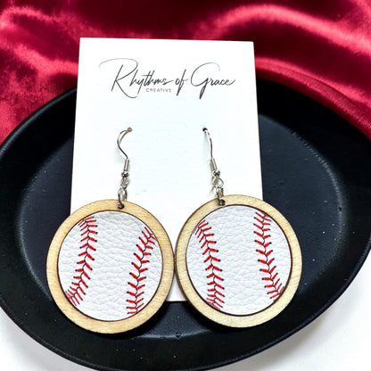 Sports Ball Earrings – Football, Basketball, Soccer, Baseball – Faux Leather & Wood Frame Game Day Earrings