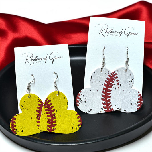 Baseball & Softball Heart Earrings – Lightweight Faux Leather Sports Earrings – Game Day Accessories