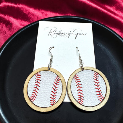 Sports Ball Earrings – Football, Basketball, Soccer, Baseball – Faux Leather & Wood Frame Game Day Earrings