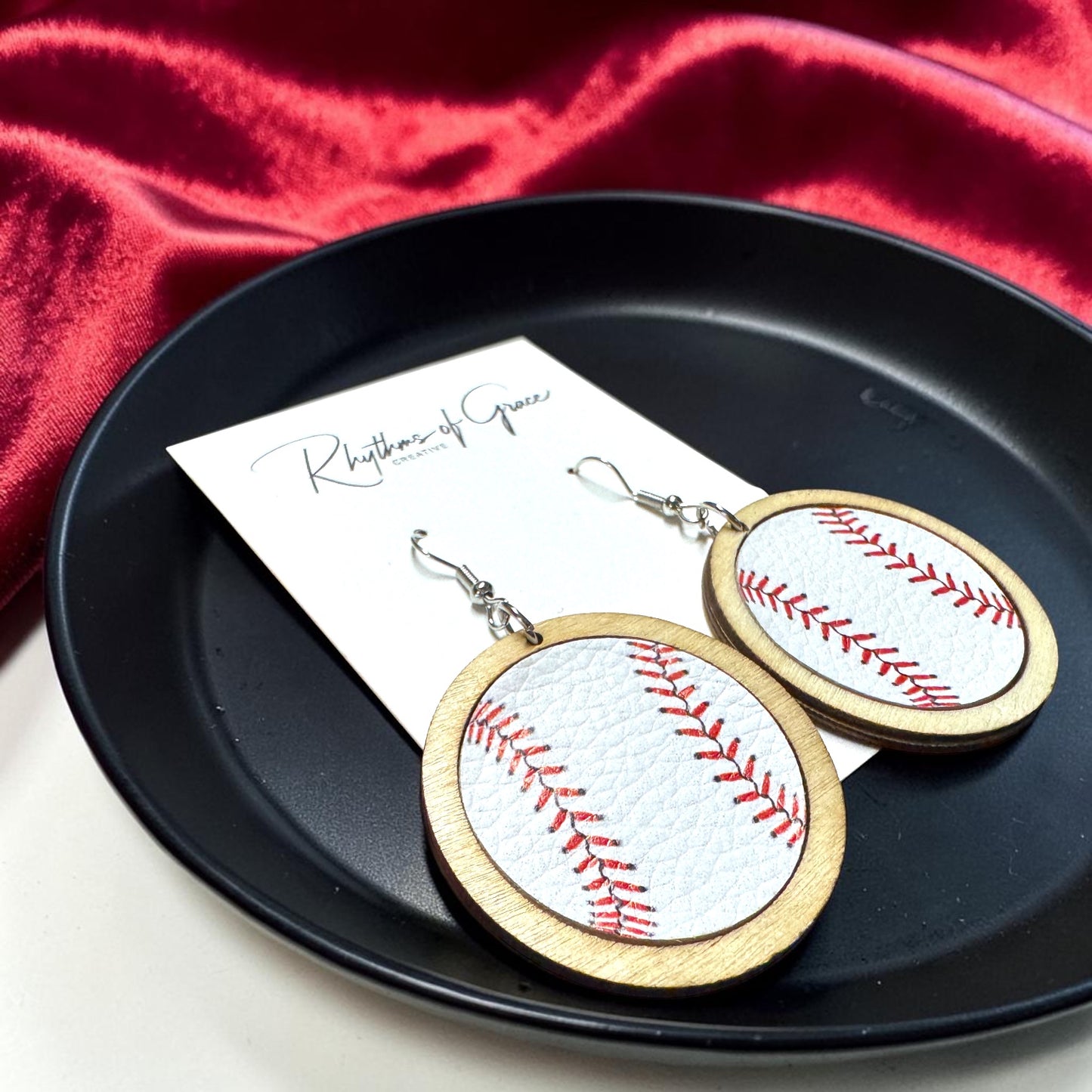 Sports Ball Earrings – Football, Basketball, Soccer, Baseball – Faux Leather & Wood Frame Game Day Earrings