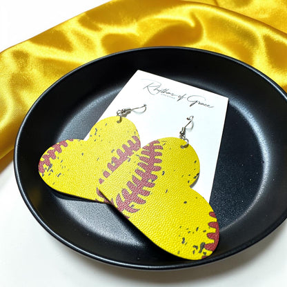 Baseball & Softball Heart Earrings – Lightweight Faux Leather Sports Earrings – Game Day Accessories
