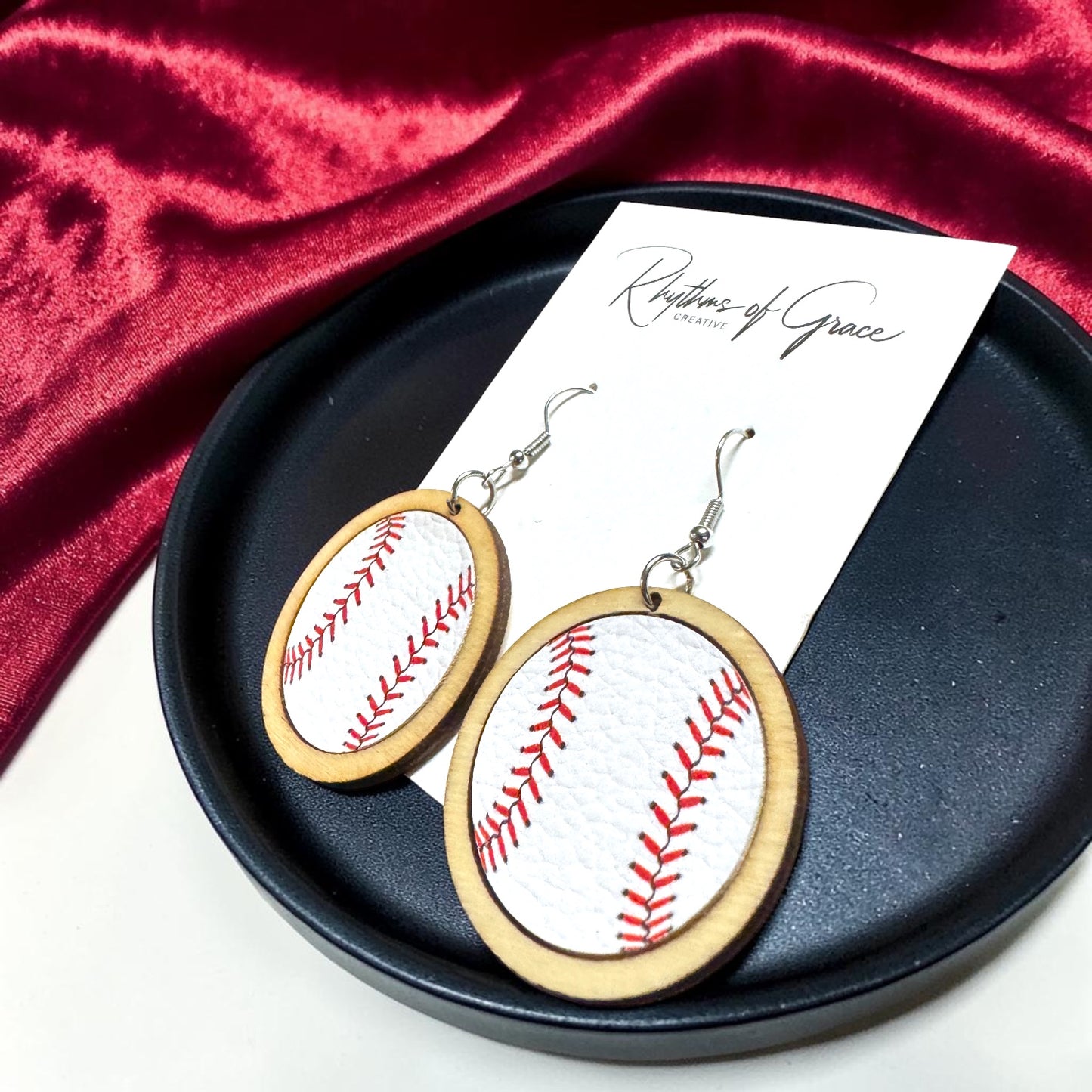 Sports Ball Earrings – Football, Basketball, Soccer, Baseball – Faux Leather & Wood Frame Game Day Earrings