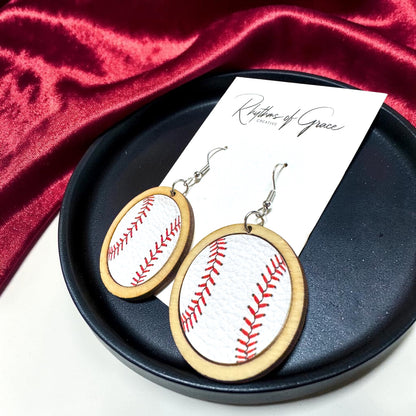 Sports Ball Earrings – Football, Basketball, Soccer, Baseball – Faux Leather & Wood Frame Game Day Earrings