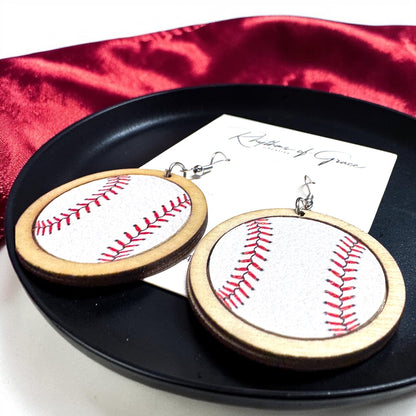 Sports Ball Earrings – Football, Basketball, Soccer, Baseball – Faux Leather & Wood Frame Game Day Earrings