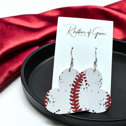 Baseball & Softball Heart Earrings – Lightweight Faux Leather Sports Earrings – Game Day Accessories