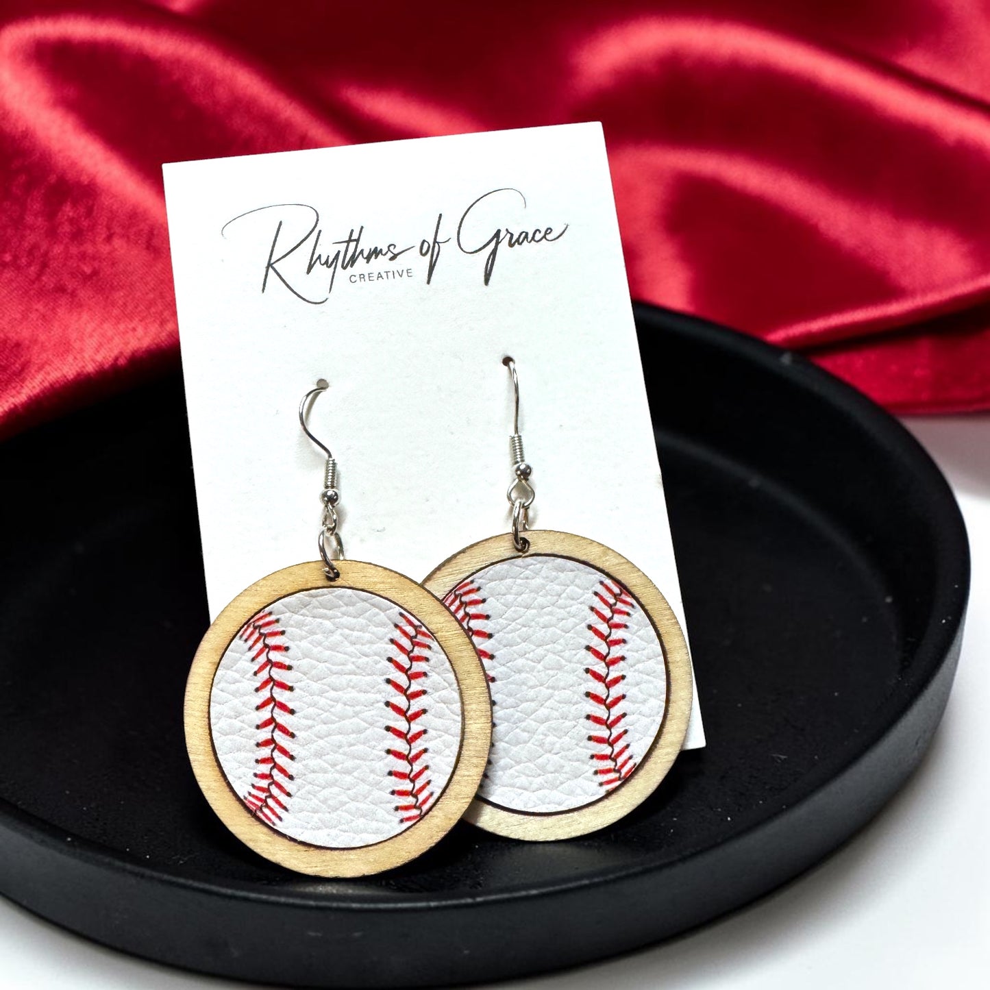 Sports Ball Earrings – Football, Basketball, Soccer, Baseball – Faux Leather & Wood Frame Game Day Earrings