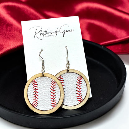 Sports Ball Earrings – Football, Basketball, Soccer, Baseball – Faux Leather & Wood Frame Game Day Earrings