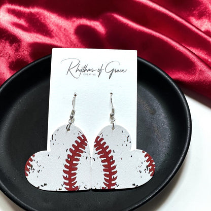 Baseball & Softball Heart Earrings – Lightweight Faux Leather Sports Earrings – Game Day Accessories