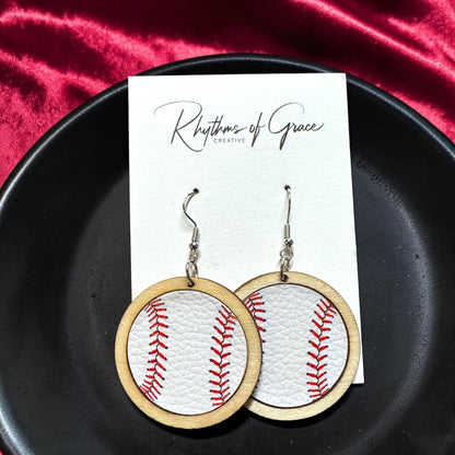 Sports Ball Earrings – Football, Basketball, Soccer, Baseball – Faux Leather & Wood Frame Game Day Earrings
