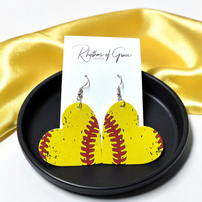 Baseball & Softball Heart Earrings – Lightweight Faux Leather Sports Earrings – Game Day Accessories