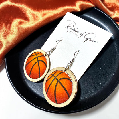 Sports Ball Earrings – Football, Basketball, Soccer, Baseball – Faux Leather & Wood Frame Game Day Earrings