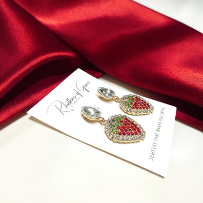 Sparkling Rhinestone Strawberry Dangle Earrings – Sweet Summer Statement Jewelry