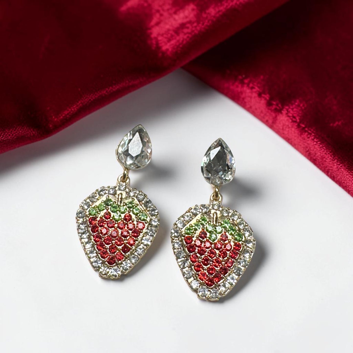 Sparkling Rhinestone Strawberry Dangle Earrings – Sweet Summer Statement Jewelry
