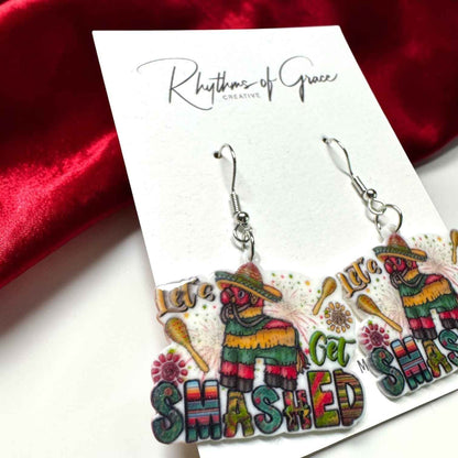 Cinco de Mayo "Let's Get Smashed" Acrylic Dangle Earrings | Fiesta Party Statement Earrings