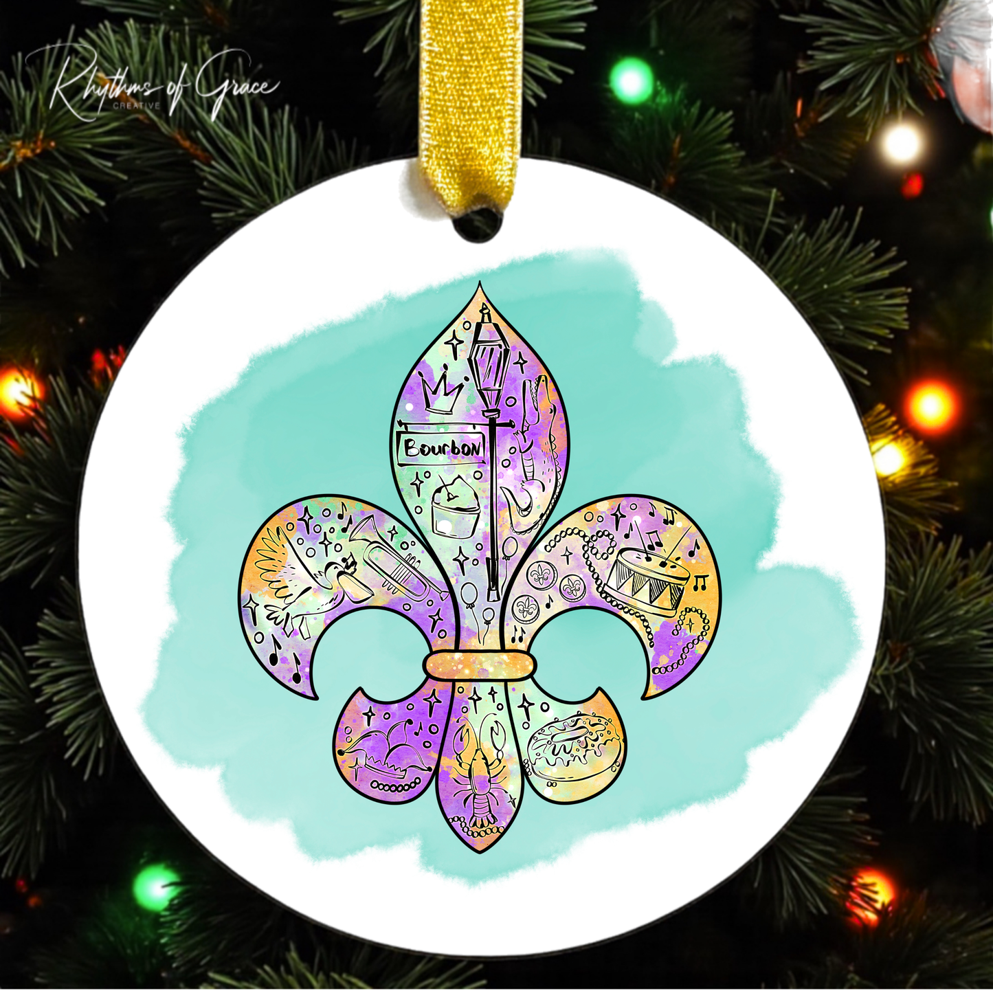 Mardi Gras Fleur-de-Lis Ornament | Louisiana Watercolor Art