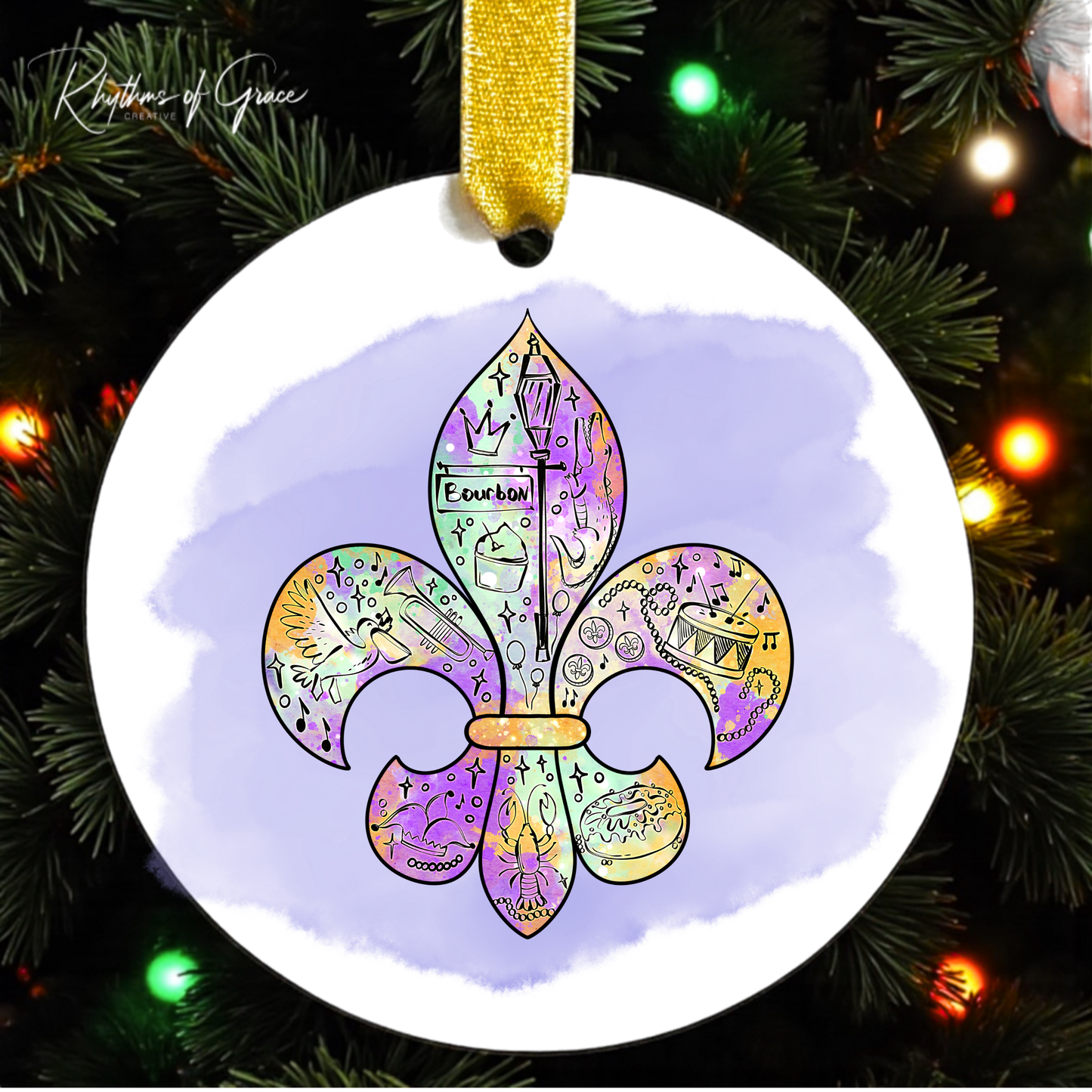Mardi Gras Fleur-de-Lis Ornament | Louisiana Watercolor Art